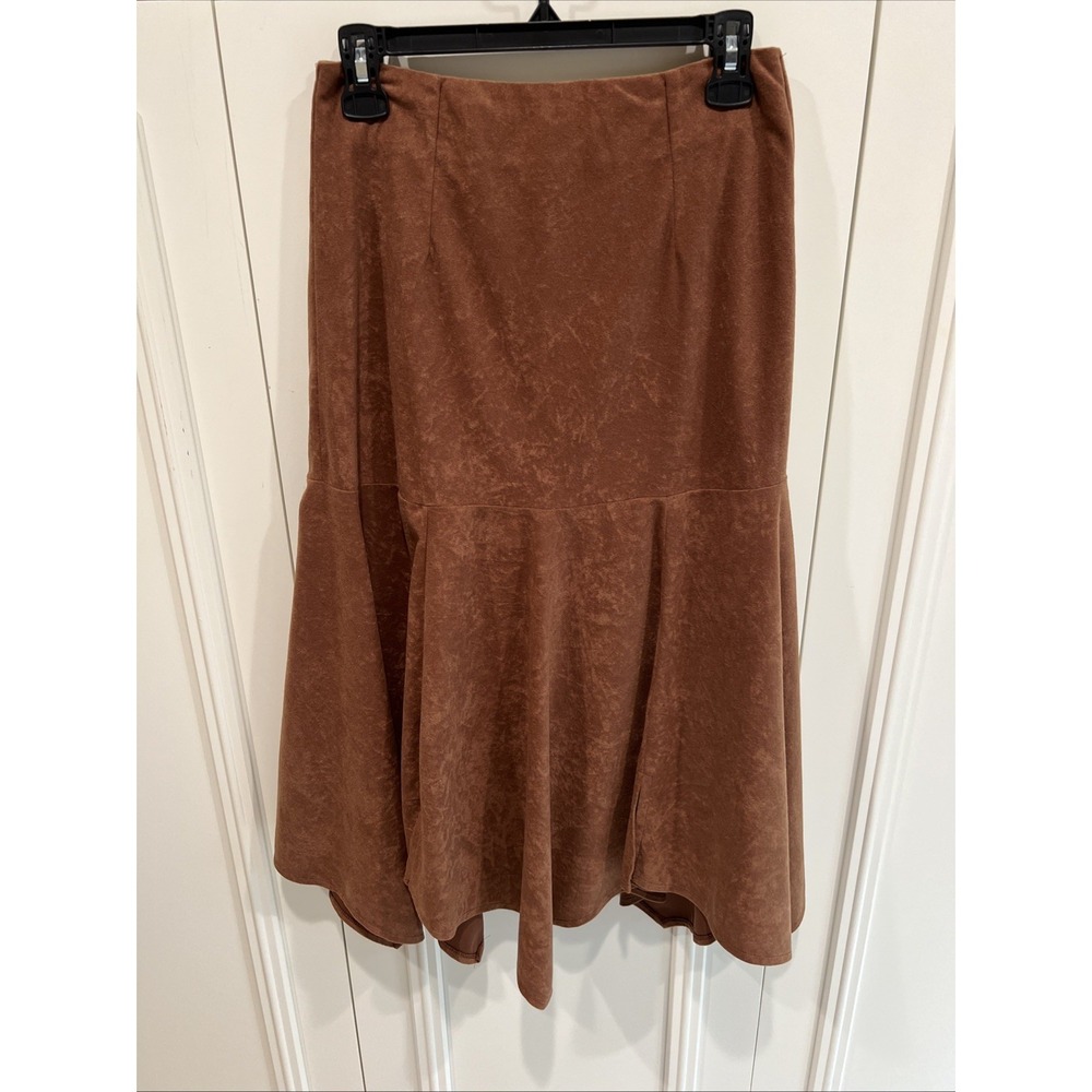 Y2K Brown Faux Suede Look Midi Skirt Asymmetric Western Peasant Read Description